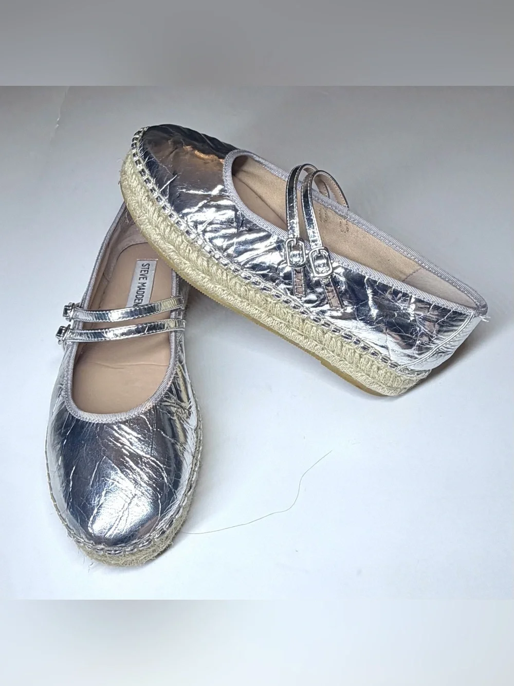 Steve Madden Women’s Silver Metallic Espadrille Mary Jane Platform Flats Size-8M
